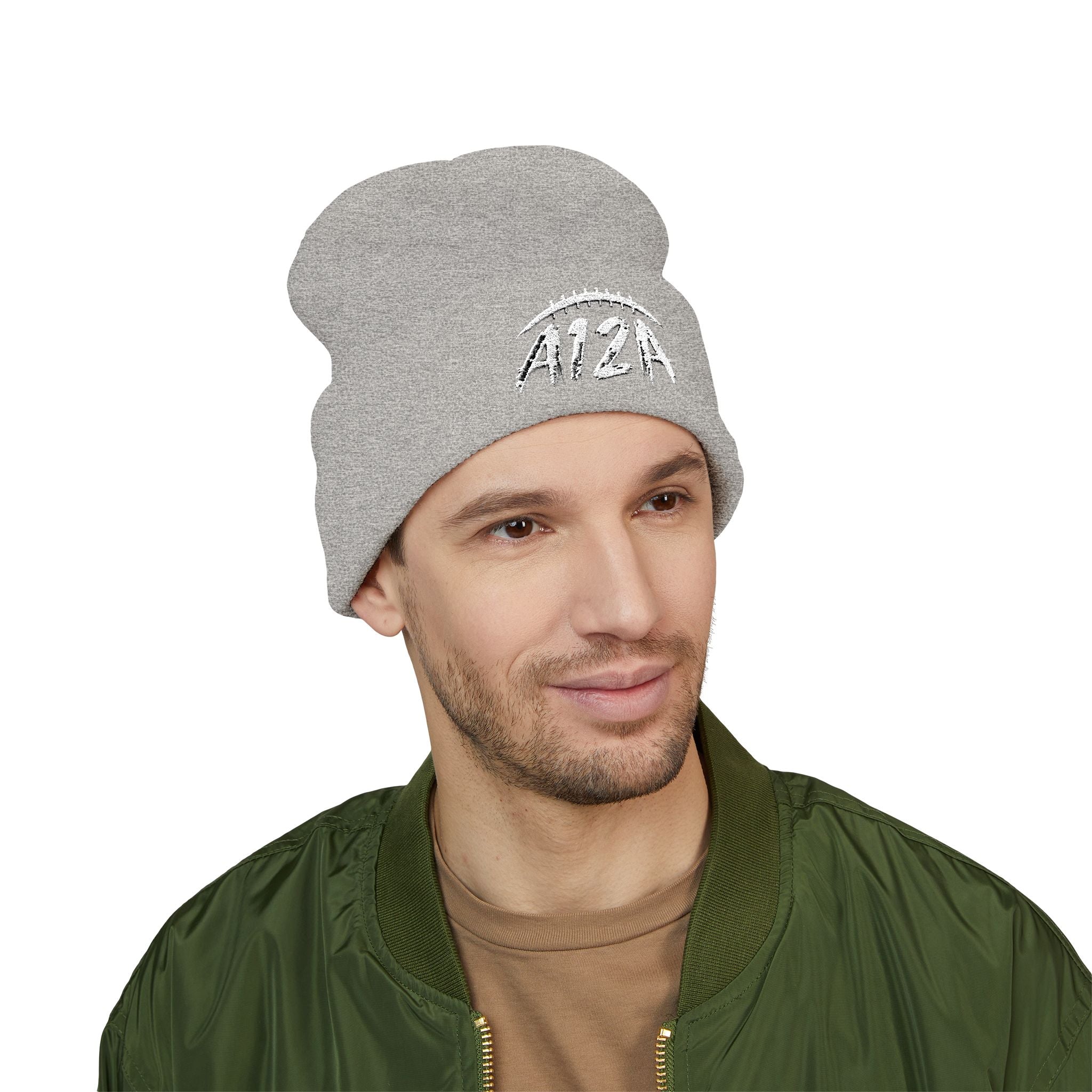 White A12A Football Cuffed Beanie