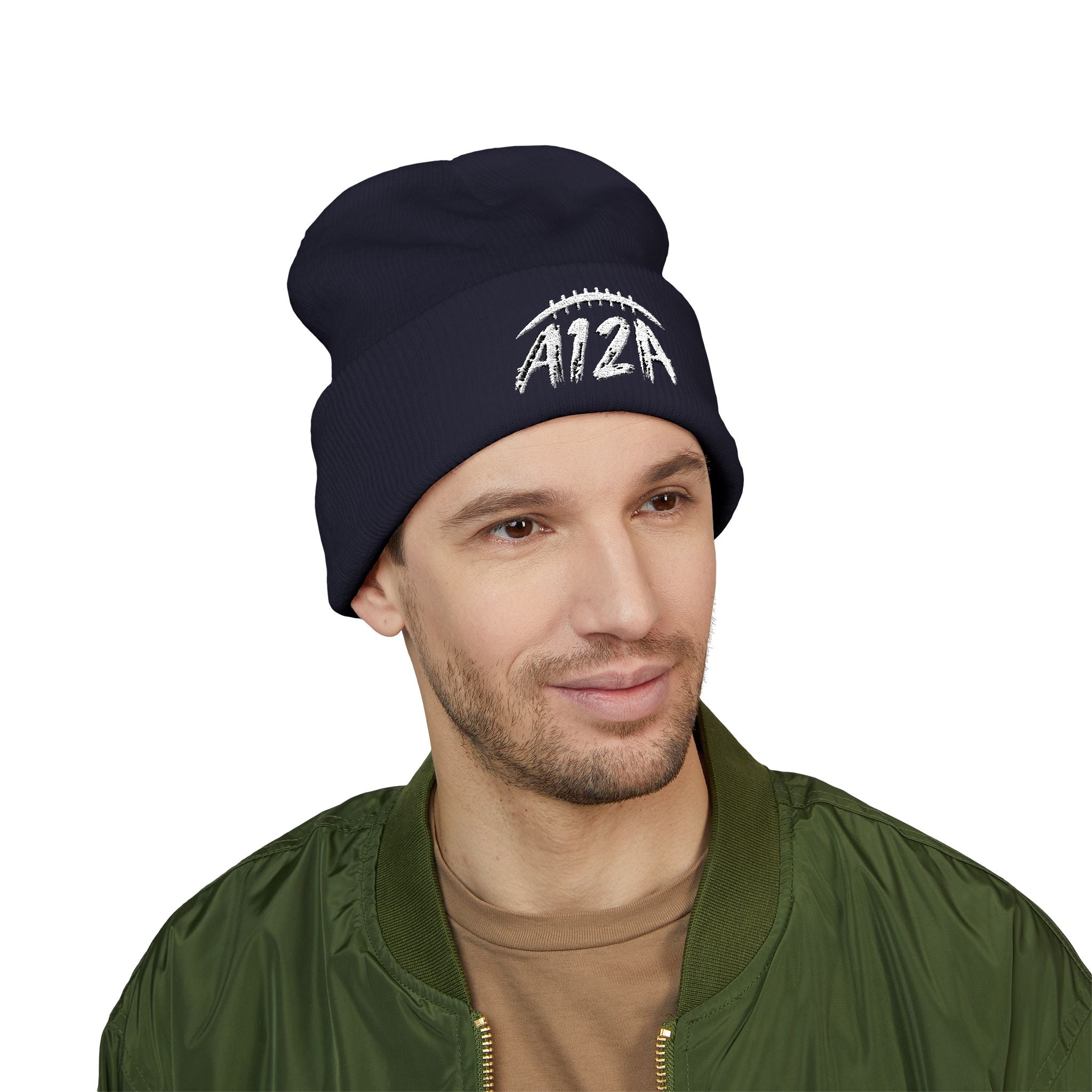 White A12A Football Cuffed Beanie