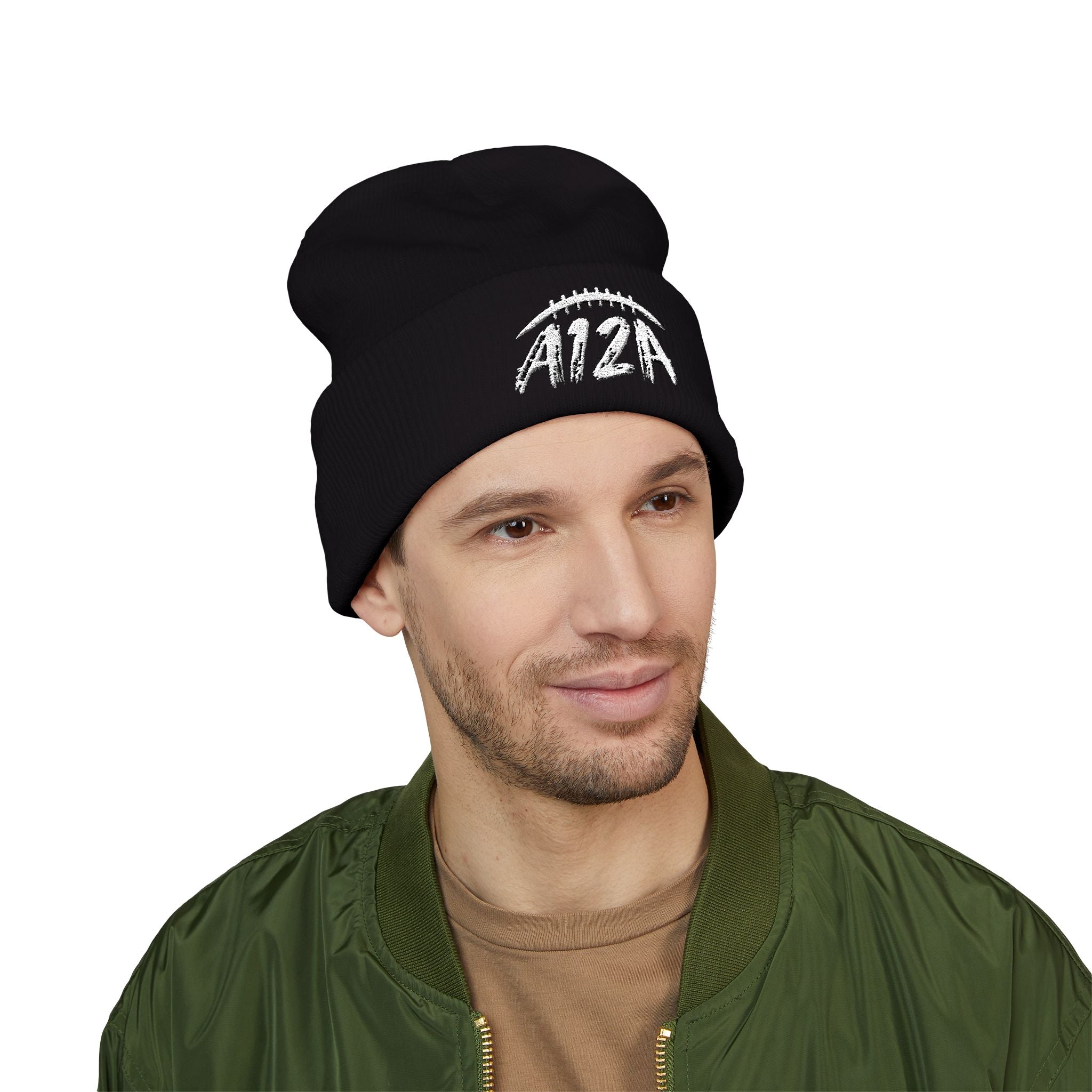 White A12A Football Cuffed Beanie