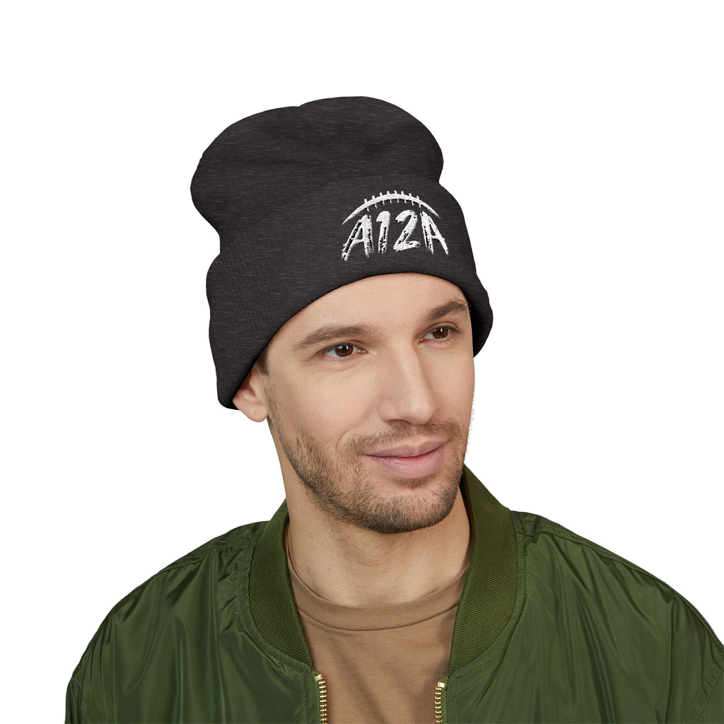 White A12A Football Cuffed Beanie