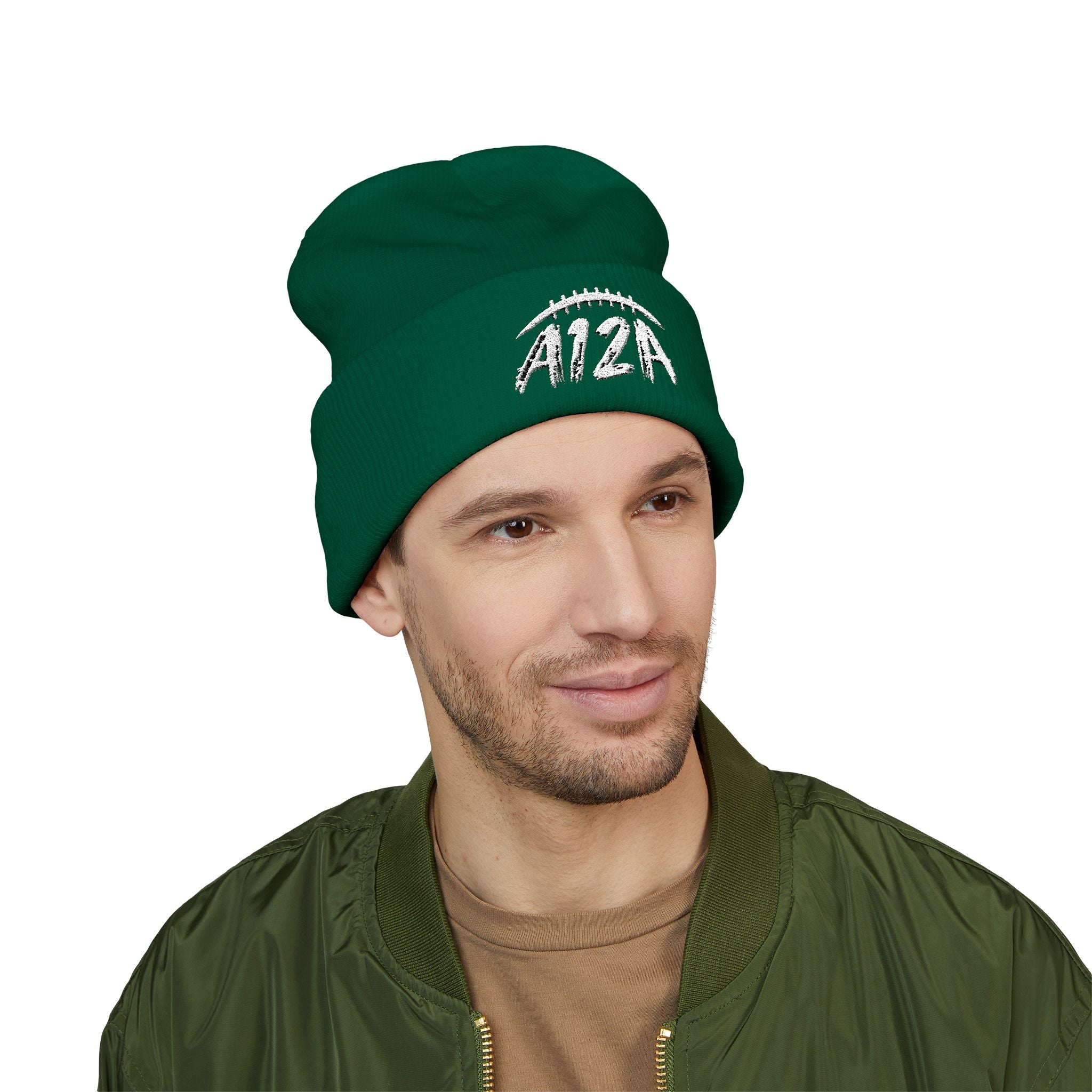 White A12A Football Cuffed Beanie